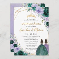 Quinceañera Emerald Green Lilac Floral Twins Invitation