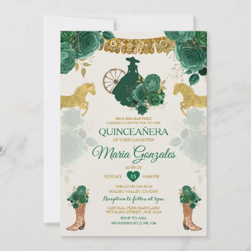 Quinceaera Emerald Green Mexican 16th Butterfly Invitation