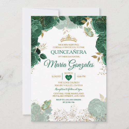 Quinceaera Emerald Green Mexican Butterfly Invitation