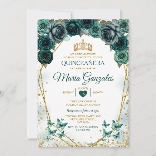 Quinceaera Emerald Green Mexican Butterfly Invitation