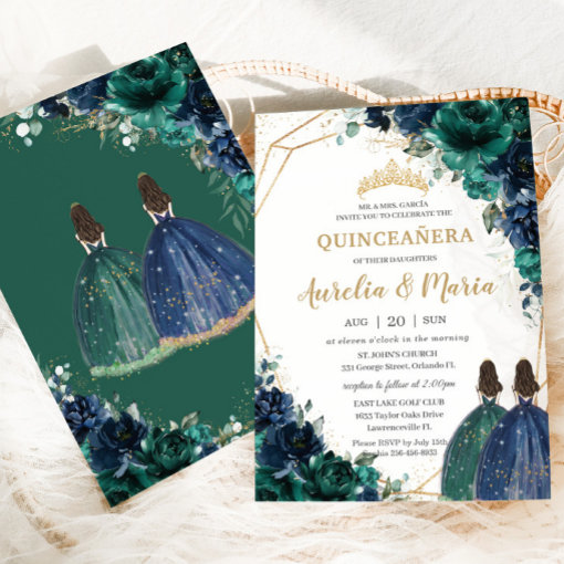 Quinceañera Emerald Green Navy Blue Floral Twins Invitation Zazzle