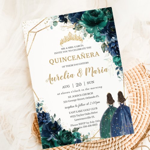 Quinceaera Emerald Green Navy Blue Floral Twins Invitation