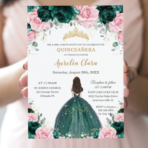 Quinceaera Emerald Green Pink Floral Princess Invitation