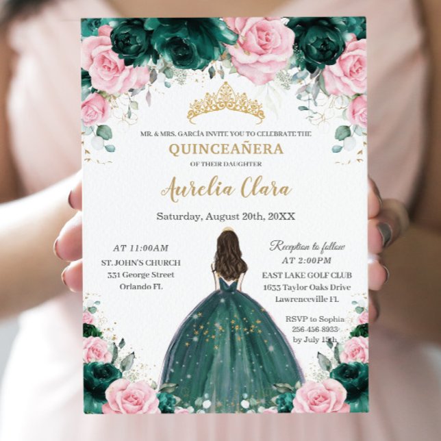 Quinceañera Emerald Green Pink Floral Princess Invitation (Creator Uploaded)