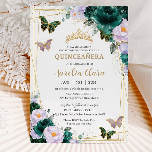 Quinceaera Emerald Green Purple Floral Butterfly Invitation