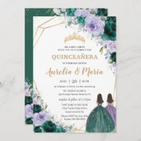 Quinceañera Emerald Green Purple Floral Twins  Invitation