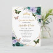 Quinceañera Emerald Green Purple Lilac Floral  Invitation (Standing Front)