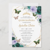 Quinceañera Emerald Green Purple Lilac Floral  Invitation (Front)