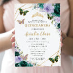 Quinceañera Emerald Green Purple Lilac Floral  Invitation<br><div class="desc">Personalize this lovely quinceañera invitation with own wording easily and quickly,  simply press the customize it button to further re-arrange and format the style and placement of the text.  Matching items available in store!  (c) The Happy Cat Studio</div>