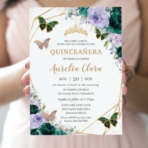 Quinceaera Emerald Green Purple Lilac Floral  Invitation