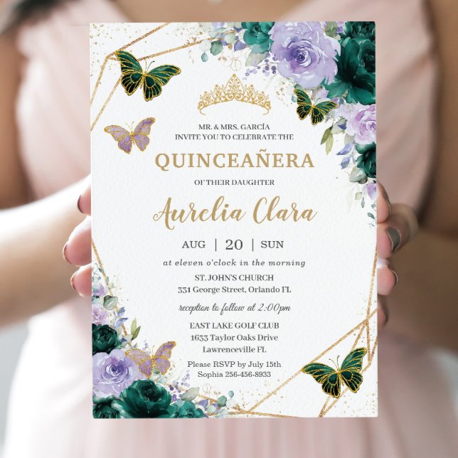 Quinceañera Emerald Green Purple Lilac Floral  Invitation