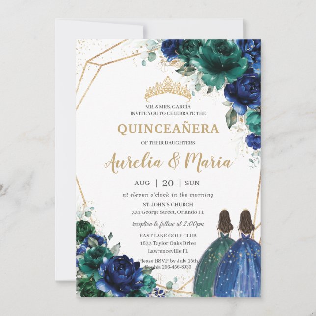Quinceañera Emerald Green Royal Blue Floral Twins Invitation (Front)