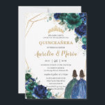 Quinceañera Emerald Green Royal Blue Floral Twins Invitation<br><div class="desc">Personalize this lovely quinceañera invitation with own wording easily and quickly,  simply press the customize it button to further re-arrange and format the style and placement of the text.  Matching items available in store!  (c) The Happy Cat Studio</div>