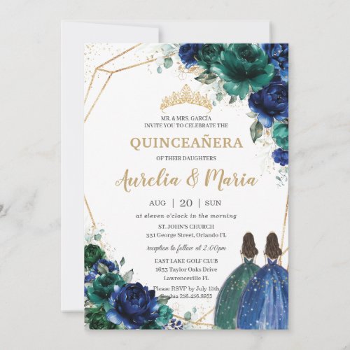 Quinceaera Emerald Green Royal Blue Floral Twins Invitation