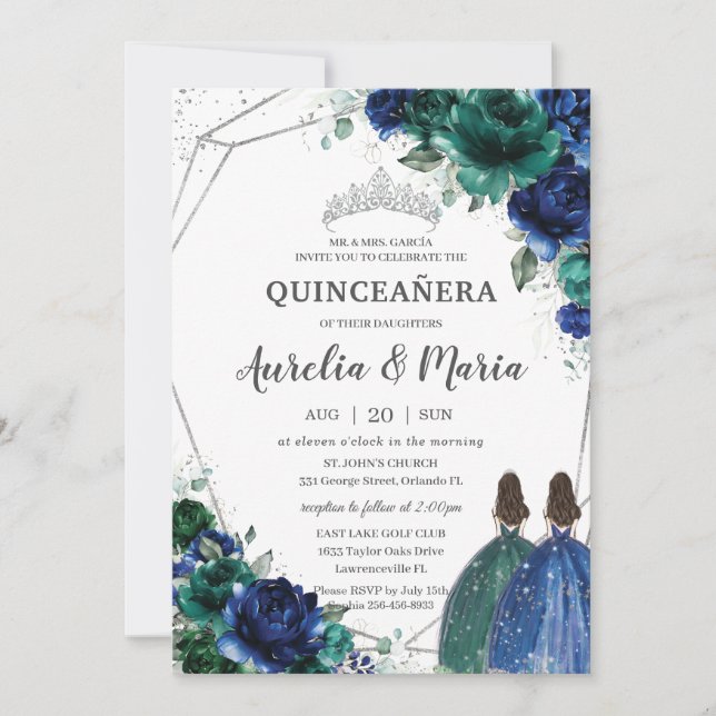 Quinceañera Emerald Green Royal Blue Floral Twins Invitation (Front)