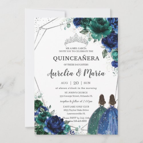 Quinceaera Emerald Green Royal Blue Floral Twins Invitation