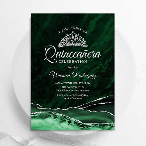Quinceanera Emerald Green Silver Agate Marble Invitation
