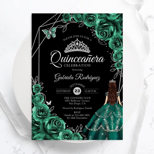 Quinceanera Emerald Green Silver Dress Floral Invitation (Creator Uploaded)
