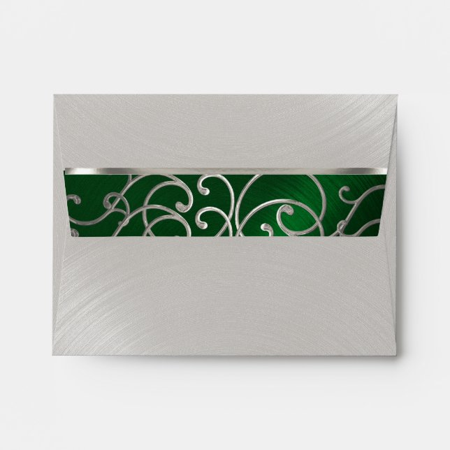 Quinceanera Emerald Green Silver Filigree Swirls Envelope (Back (Top Flap))