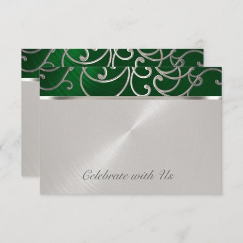 Quinceanera Emerald Green Silver Filigree Swirls Invitation