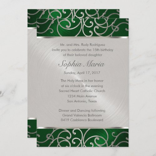 Quinceanera Emerald Green Silver Filigree Swirls Invitation