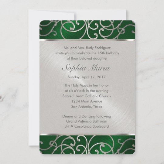 Quinceanera Emerald Green Silver Filigree Swirls Invitation | Zazzle.com