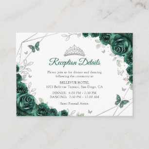 Quinceanera Emerald Green Silver Floral Details Enclosure Card