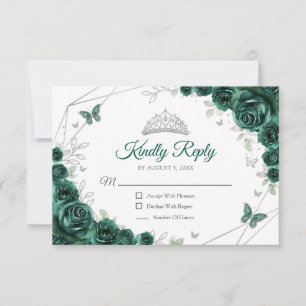 Quinceanera Emerald Green Silver Floral Reply RSVP Card