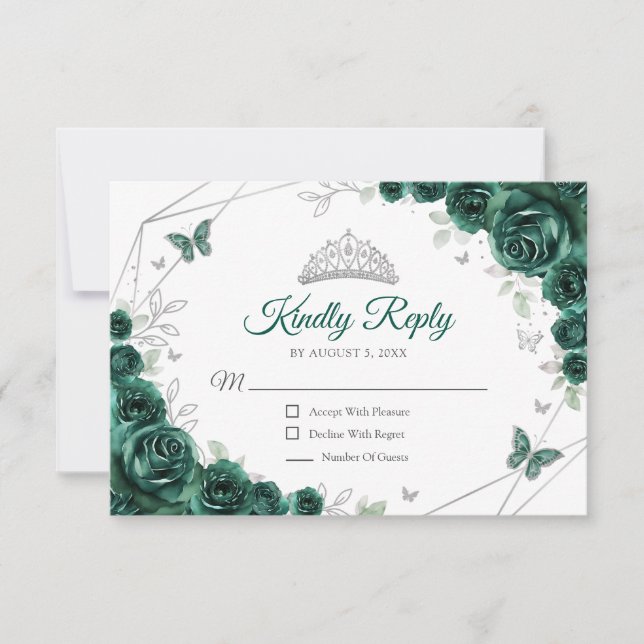 Quinceanera Emerald Green Silver Floral Reply RSVP Card (Front)