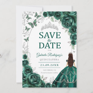 Quinceanera Emerald Green Silver Floral Save The Date