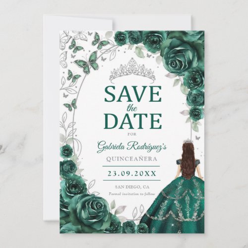 Quinceanera Emerald Green Silver Floral Save The Date