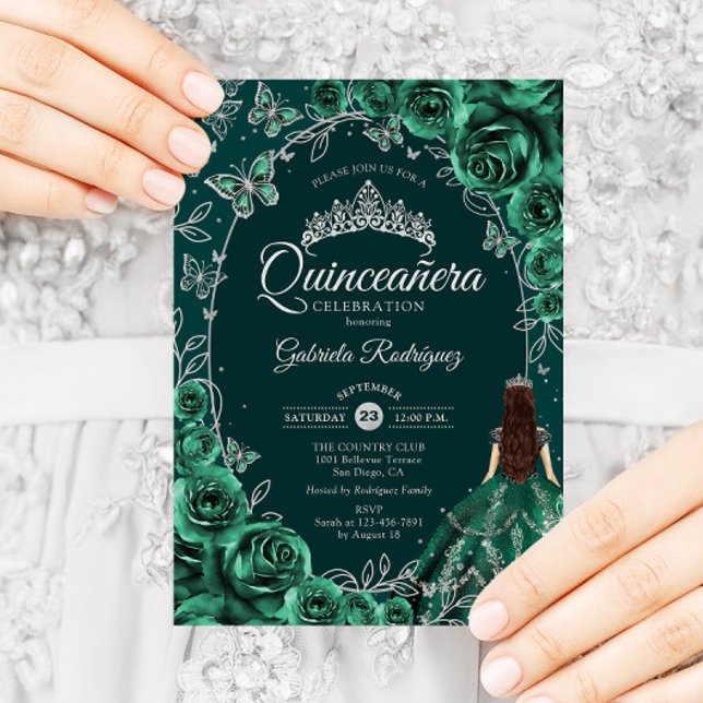 Quinceanera Emerald Green Silver Invitation (Creator Uploaded)