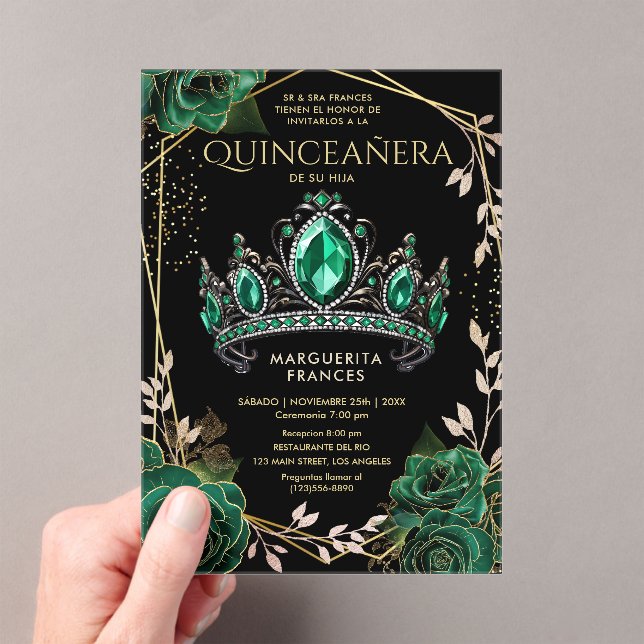 Quinceañera Emerald Green Tiara Black Spanish  Acrylic Invitations (Insitu (Handheld))
