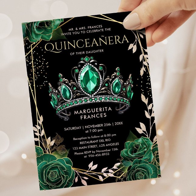 Quinceañera Emerald Green Tiara Floral Elegant Invitation (Creator Uploaded)