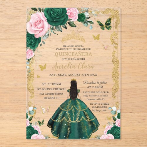 Quincea&#241;era Emerald Pink Floral Black Hair Gold Acrylic Invitations