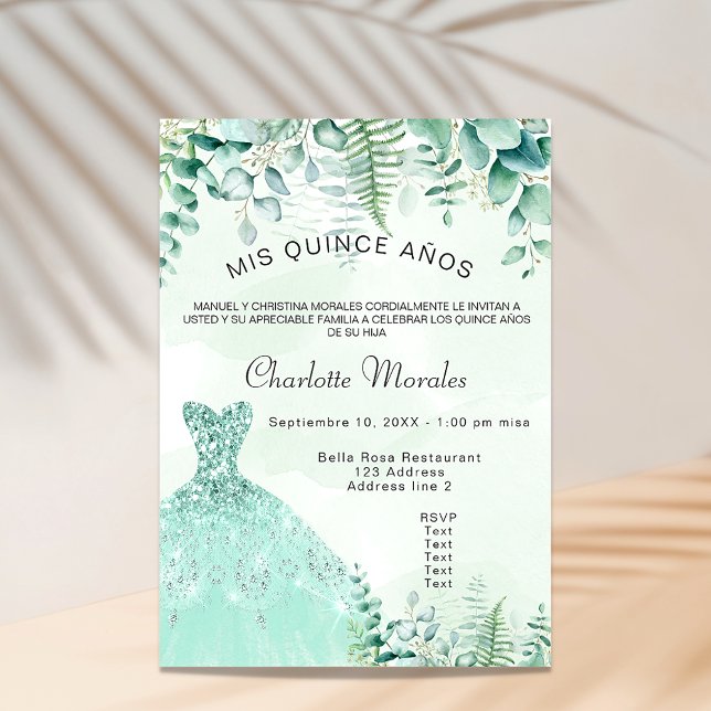 Quinceanera enchanted forest ferns dress luxury invitation (Creator Uploaded)