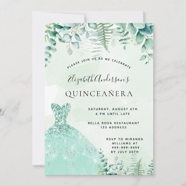 Quinceanera enchanted forest greenry dress  invitation (Front)