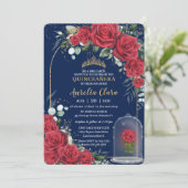 Quinceañera Enchanted Red Rose Floral Navy Blue Invitation (Standing Front)