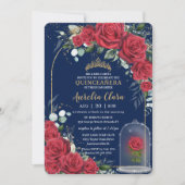 Quinceañera Enchanted Red Rose Floral Navy Blue Invitation (Front)