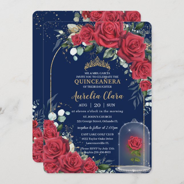 Quinceañera Enchanted Red Rose Floral Navy Blue Invitation (Front/Back)
