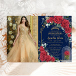 Quinceañera Enchanted Red Rose Floral Navy Blue Invitation<br><div class="desc">Personalize this lovely enchanted rose floral picture invitation easily and quickly. Simply click the Edit Using Design Tools button to further edit the text, wording, font style, font size, font color, add or delete text and adjust photograph. Featuring stunning vibrant red roses and a red rose in a cloche, set...</div>