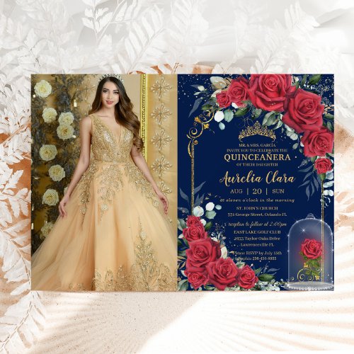 Quinceaera Enchanted Red Rose Floral Navy Blue Invitation