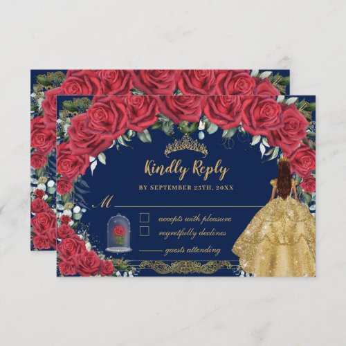 Quinceaera Enchanted Red Rose Floral Navy Blue RSVP Card