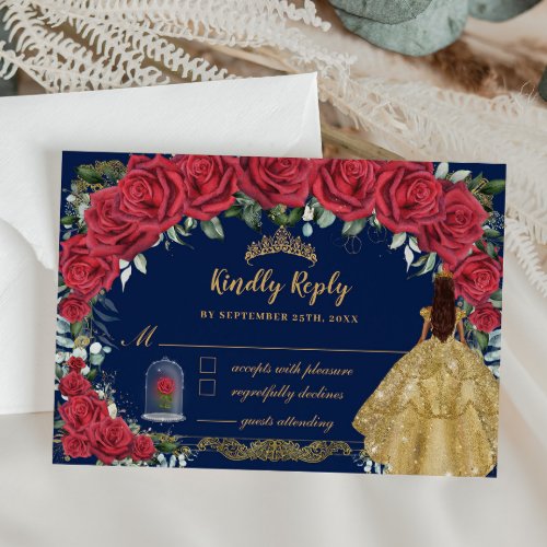 Quinceaera Enchanted Red Rose Floral Navy Blue RSVP Card