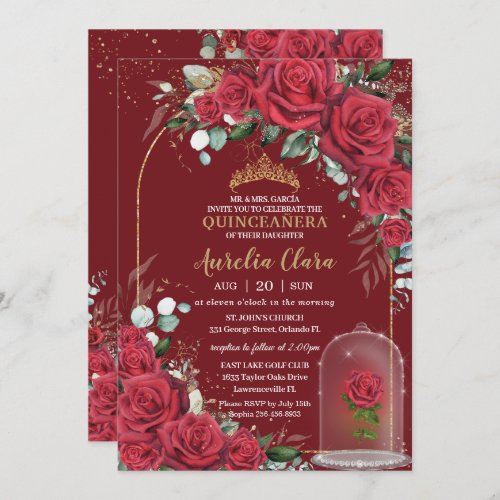 Quinceaera Enchanted Red Rose Floral Princess Invitation