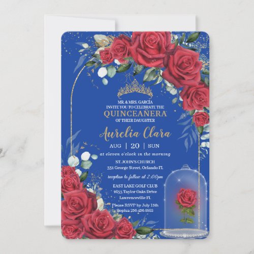 Quinceaera Enchanted Red Rose Floral Royal Blue Invitation