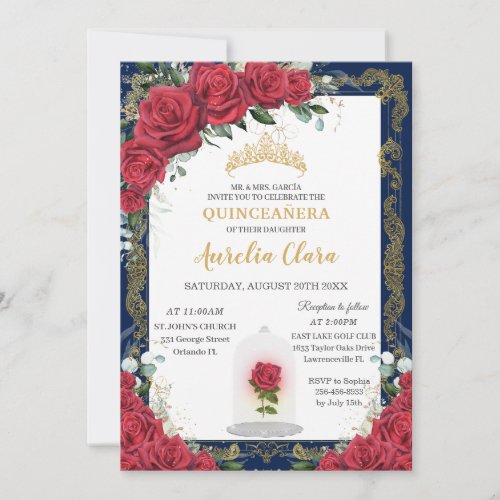 Quinceaera Enchanted Red Rose Navy Blue Gold Invitation