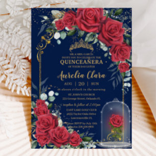 Quinceañera Enchanted Red Roses Floral Navy Blue Invitation