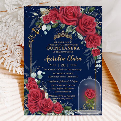 Quinceaera Enchanted Red Roses Floral Navy Blue Invitation