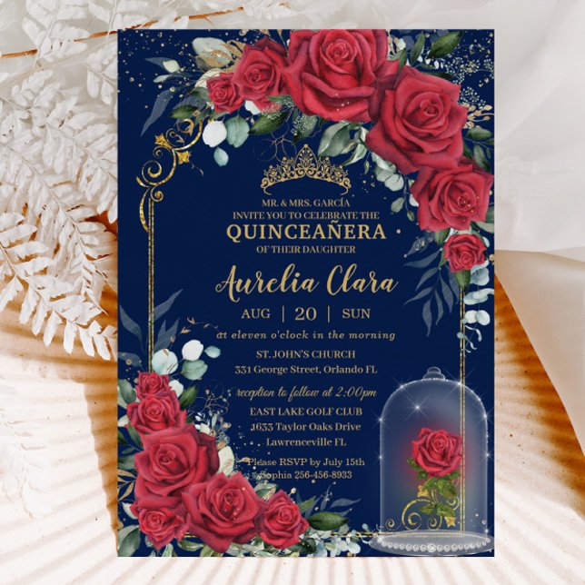 Quinceañera Enchanted Red Roses Floral Navy Blue Invitation (enchanted red roses Quinceañera sweet 16 birthday invitation card printed instant download)